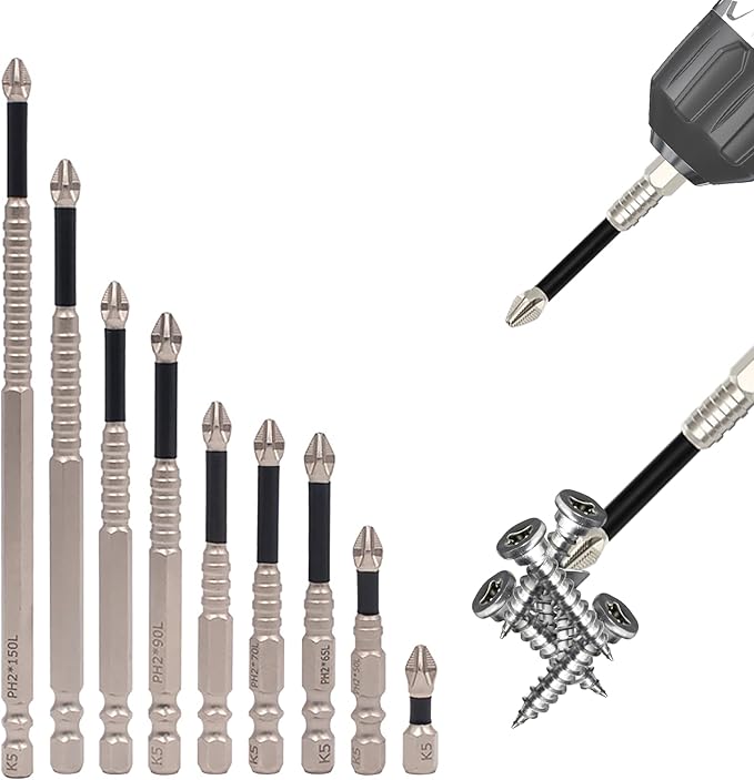 HUHAO 9Pcs High Magnetic Screwdriver Drill Bit Set, K5 Impact-Resistant and Nonslip Bit, Anti Slip Screwdriver Bits for Dry Wall, Sheetrock, Electric Drills - High Magnetic Strength & High Hardnes