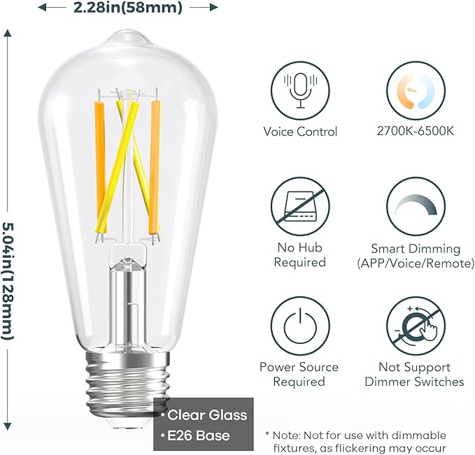 Linkind Smart Edison Bulbs, 2700K-6500K Tunable WiFi Edison Bulbs with Remote Control, 8W 60W Equivalent Dimmable ST19(ST58) Vintage Light Bulbs 800lm, Compatible with Alexa & Google Home, 2-Pack