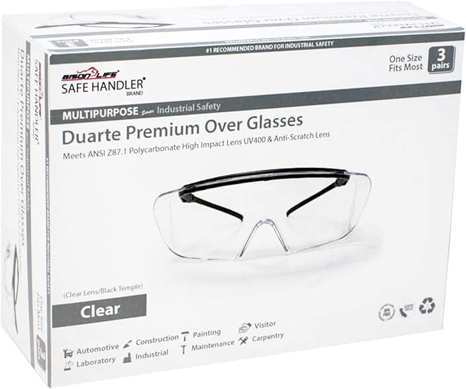 Duarte Premium Over Glasses 3 PAIRS | ANSI Z87.1, Impact Resistant Polycarbonate Lens, UV400, Anti-Fog & Anti-Scratch, Box of 3