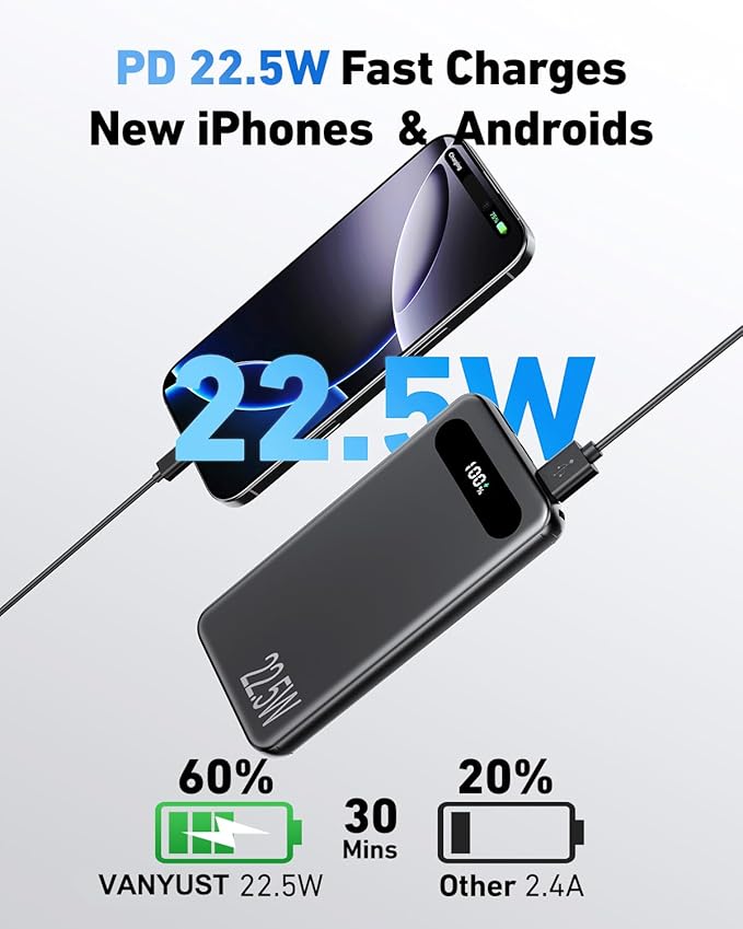 VANYUST Portable Charger, 22.5W 10000mAh USB-C in & Out Power Bank Fast Charging, PD 3.0+QC 4.0 LED Display Phone Battery Pack Compatible with iPhone 16 15 14 13 Pro Samsung S23 Google iPad Tablet etc