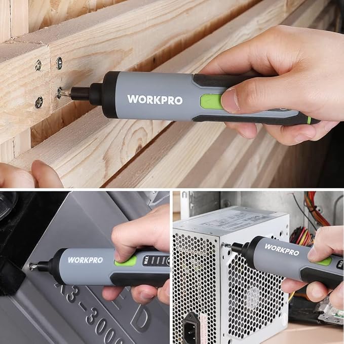 WORKPRO 4V Electric Screwdriver, Rechargeable Cordless Screwdriver Set with 35 Bits, Extension Rod, USB Charging Cable in Carrying Case, LED Light, Black Gray