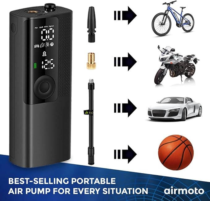 Airmoto Tire Inflator Portable Air Compressor - Air Pump For Car Tires with Digital Pressure Gauge, LED Light and Auto Shut-Off Function - Cordless Pump for Car, Motorcycle, Bicycle, Balls and More