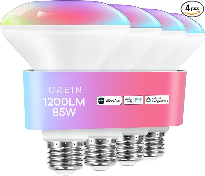 OREiN Smart Light Bulb,1200 Lumens BR30 Smart Flood Light Bulbs Work with AiDot App, Alexa, Google Home, RGBTW Color Changing Light Bulbs 2.4Ghz WiFi, 85W 4Pack