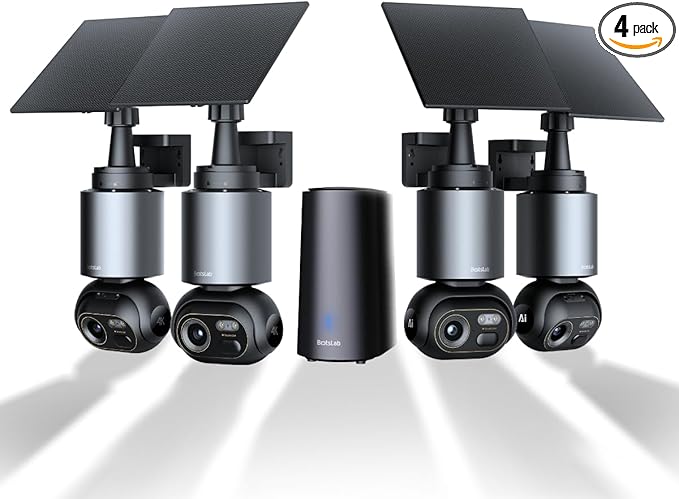 Security Cameras Wireless Outdoor, 4 Cam-Kit, 4K Color Night Vision, Solar Security Camera System with 360° PT, No Monthly Fee, 32G Local Storage HomeBase, AI Recognition, DIY Installation