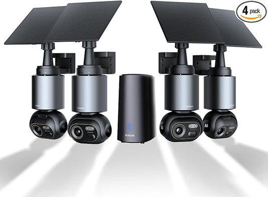 Security Cameras Wireless Outdoor, 4 Cam-Kit, 4K Color Night Vision, Solar Security Camera System with 360° PT, No Monthly Fee, 32G Local Storage HomeBase, AI Recognition, DIY Installation