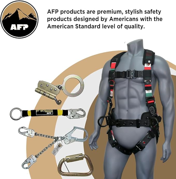 AFP Fall Protection Full-Body Premium Safety Harness, 8” Thick Support Belt, Aluminum D-Rings, Tongue Buckle (OSHA/ANSI PPE)