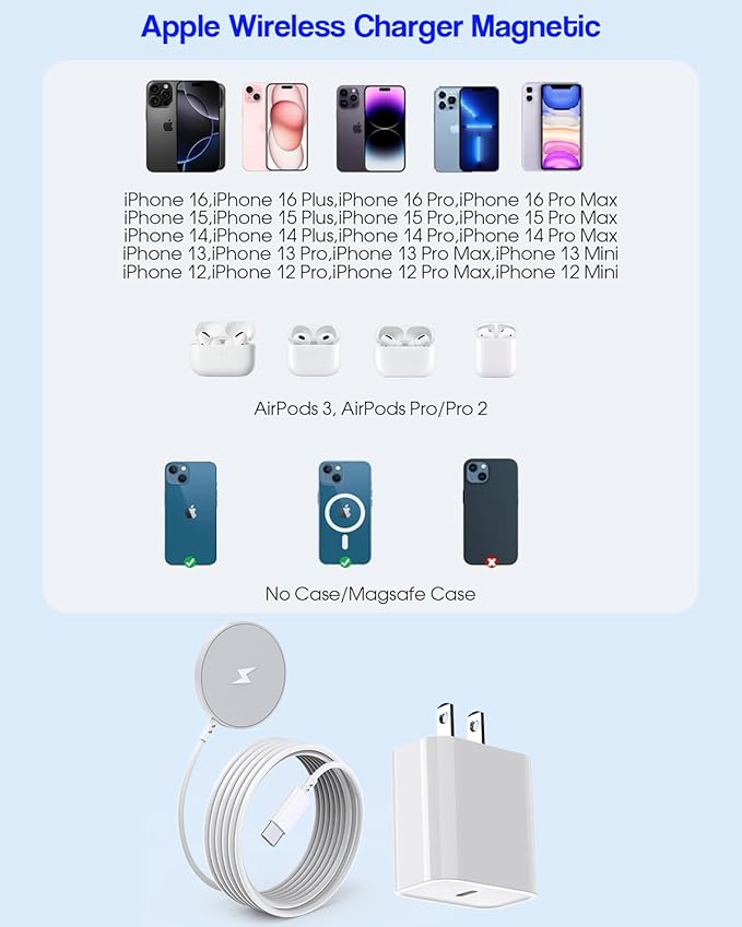 Magnetic Wireless Charger Apple Mag-safe Charger 6FT Apple Wireless Charging iPhone 16 Magnetic Charging Pad with Fast Charging USB C Block for iPhone 16/15/14/13/12 Pro Max/Pro/Plus/AirPods 3/2/Pro 2