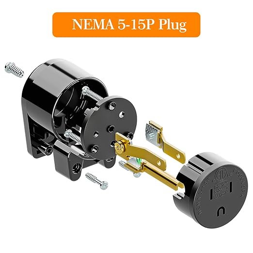 (10 Pack) Nema 5-15P 90 Degree Right Angle Plug, 15A 125V, ETL Verified, Black
