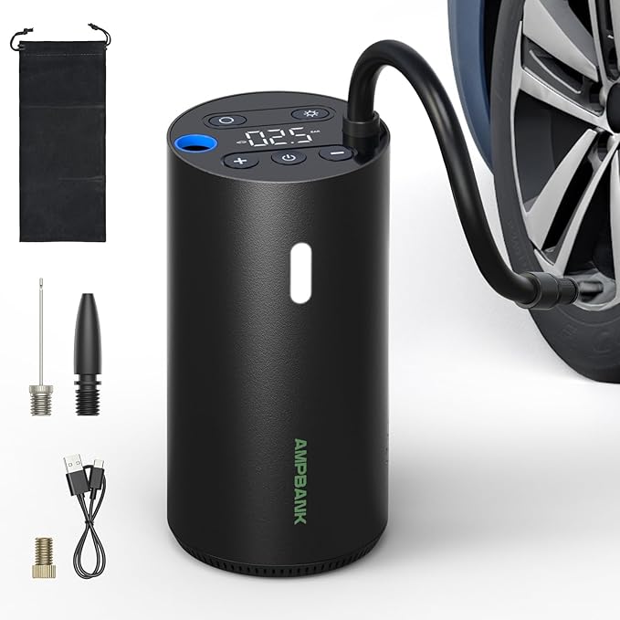 Tire Inflator Portable Air Compressor, AMPBANK AT004 Smart Air Pump for Car Tires, Auto Tire Inflator 150PSI with Pressure Gauge & LED Screen, 2X Faster Air Compressor for Car, Motorcycle, Bike, Ball