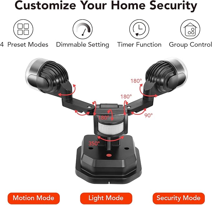 OREiN Motion Sensor Outdoor Lights, AC Smart WiFi Flood Lights Outdoor Connect to The Third Platform, 450°Wide Adjustment 1600LM/12W(150W Equiv), 5000K LED Security Light for House,Black (Hardwired)