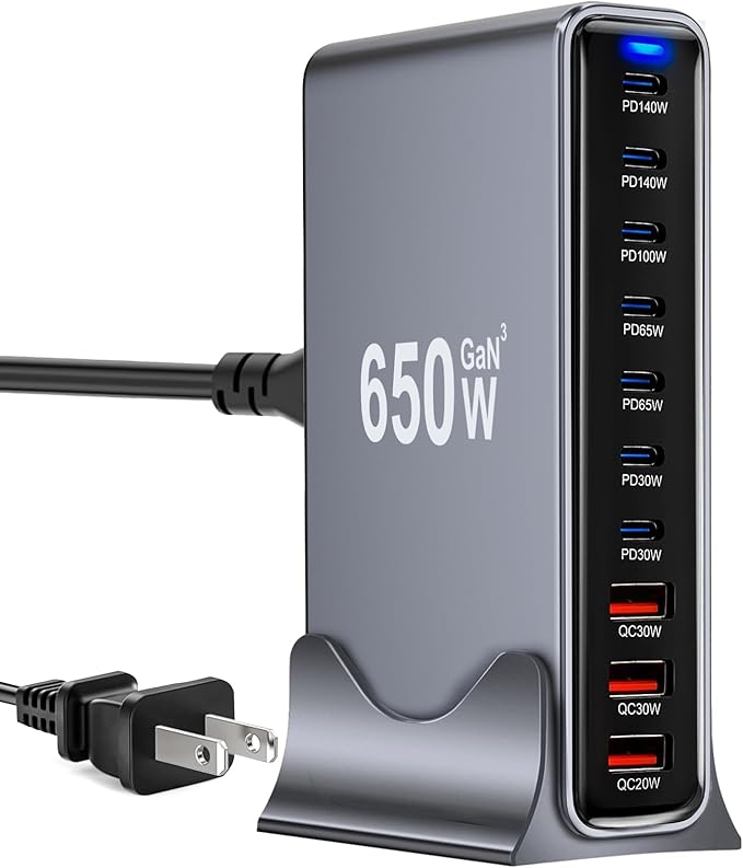 650W USB C Fast Charger Block, 10 Port USB Charging Station, GaN Ⅲ Pro Double 140W PD PPS Port Fast Charging Station,Laptop Wall Charger Compatible with DELL, HP, MacBook Pro,iPhone 16,Galaxy S24