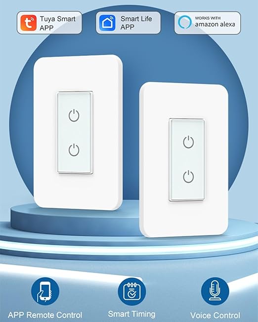 Nexete Smart Dual Light Switch, 2 in 1 Single Pole Double, Remote Voice Control Smart Life App Compatible With Alexa Google Assistant, 2.4GHz Wi-Fi Neutral Wire Required, White (2-Pack)