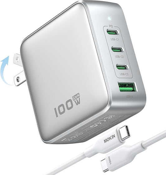 100W USB C Charger, 4-Port GaN Charger Block Charging Station, Foldable and Compact Fast Wall Charging Power Adapter for MacBook, iPad, iPhone Series, Galaxy S24/S23, Steam Deck, Google Pixelbook