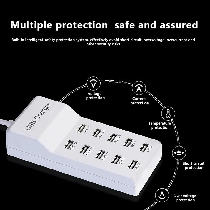 50W 10-Port USB Charging Station for iPhone 15/15 Pro/15 Pro Max/15 Plus/14/13/12/11/Xs Max/XR/X/SE White