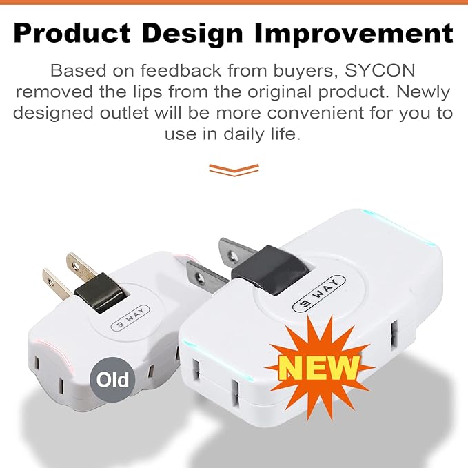 SYCON 3 Way Wall Outlet Extender AC Adapter, 2-Prong Swivel Mini Indoor Wall Tap Power Outlet Extender Plug, White