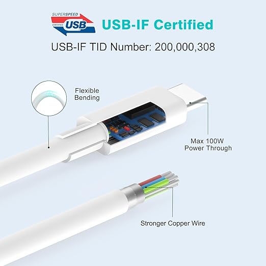 10ft 100W USB C to USB C Cable for MacBook Pro MacBook Air Charger, iPad Pro 12.9 11 inch, iPad Air 5 4, Mini 6, iPhone 15/15 Pro/15 Plus/15 Pro Max, Samsung Galaxy, USBC Type C PPS Fast Charging Cord