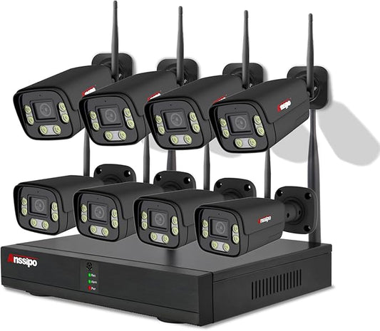 8 Channel Wireless Security Camera System, H.265 WiFi NVR Camera System, 8X 3MP Wired Outdoor Indoor Cameras with 2-Way Audio, Face/Motion Detection, Color Night Vision, Dual Alarms, Smart Playback