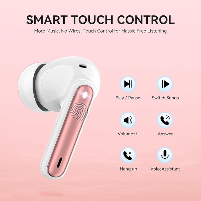 Wireless Earbuds, Bluetooth 5.3 Headphones 40Hrs Playtime Deep Bass Stereo, LED Power Display, Call Noise Canceling Headphones with Mic, IP7 Waterproof Earphones for iOS Android Rose Gold