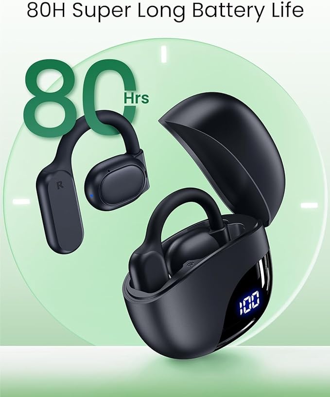 TAGRY Open Ear Earbuds Wireless Bluetooth Headphones 80Hrs Playtime Ear Buds with Earhooks IPX7 Waterproof Touch Control Earphones Sport Headsets for Workout Running Black