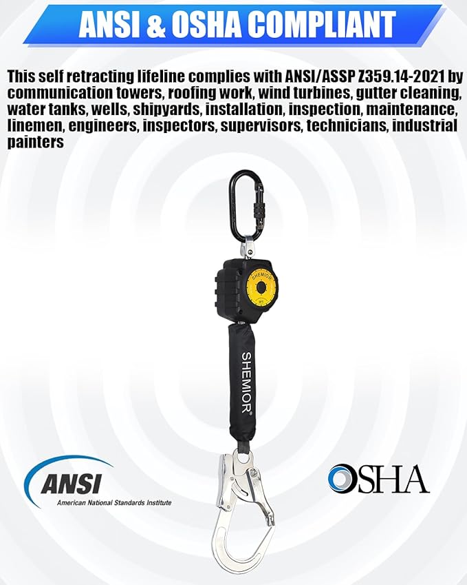 6FT Self Retracting Lifeline, Swivel Top Lightweight Housing Shemior Web SRL ANSI Self Retractable Safety Lanyard, Fall Arrest Protection Gear for Roofing Construction, Rebar Hook