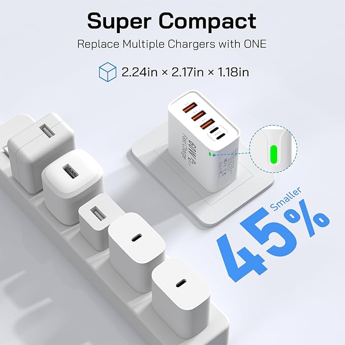 2Pack USB C Fast Charger Block, 60W 5-Port USB C Wall Charger with 6.6FT USBC to USBC Cord, 2USB C+3USB A PPS/PD 3.0 Multiport Charging Cube for iPhone 16 15 14 Pro Max,for Galaxy S25 S24 Ultra,i Pad