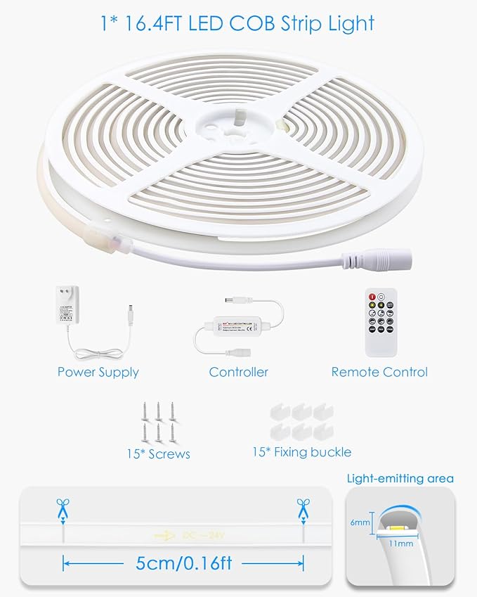5M LED Light Strip 24V 16.4FT COB LED Strip Light with Remote Warm White Tunable LED Tape Light 3000K 320LEDs/M High Density Waterproof LED Rope Light Outdoor Includes Adapter for Cabinet