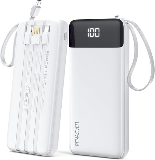 Portable Charger 10000mAh Power Bank with Built-in Cable, 5 Output 2 Input Travel Essential External Battery Pack with LED Display Compatible with iPhone 16/15 Samsung S22 Android,etc