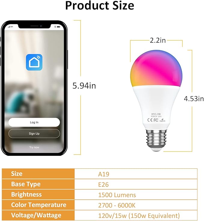 Smart LED Light Bulb 150W Equivalent, 1600 Lumens 16W Alexa, E26 A19 Ultra Bright Color Changing, 2.4 GHz WiFi Dimmable Compatible With Alexa, Google (No Hub Required)