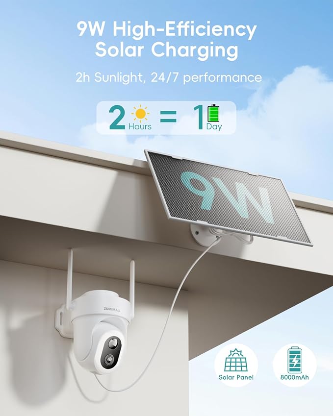 ZUMIMALL 9W Solar Security Cameras Wireless Outdoor, AOV 24/7 Recording Cameras for Home Security, 360° View, 2K Color Night Vision, 2-Way Talk, 2.4GHz WiFi, Auto Tracking, SD/Cloud/Alexa/AI