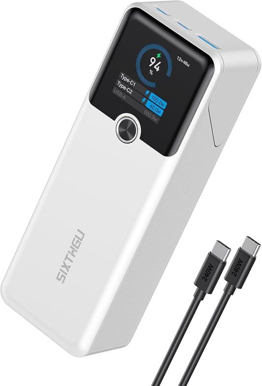 Power Bank, 20000mAh 3-Port Laptop Portable Charger with 140W Fast Charging, Smart Display, for Outdoor, Compatible with iPhone 16/15/14 Series, Samsung, MacBook, iPad, and More(White)