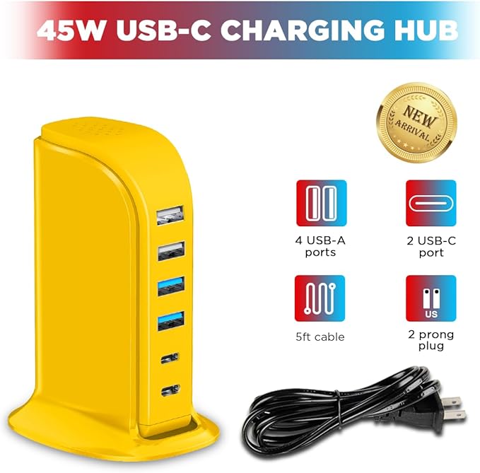 45W USB Charging Station, 6-Port Hub with 4 USB-A & 2 USB-C Ports, 5ft Cable, Yellow