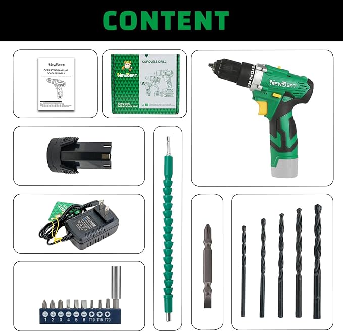 NEWBEAT Cordless Drill Set, 12V Power Drill Driver with 1 Battery and Charger, 3/8" Keyless Chuck, 2 Variable Speed, 15+1 Torque Setting, Drill Driver Kit for Home and DIY Project