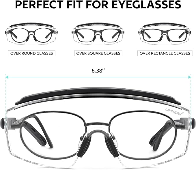 UKNOW Safety Glasses Over Eyeglasses, Anti Fog Safety Goggles ANSI Z87.1, Adjustable Protective Eyewear
