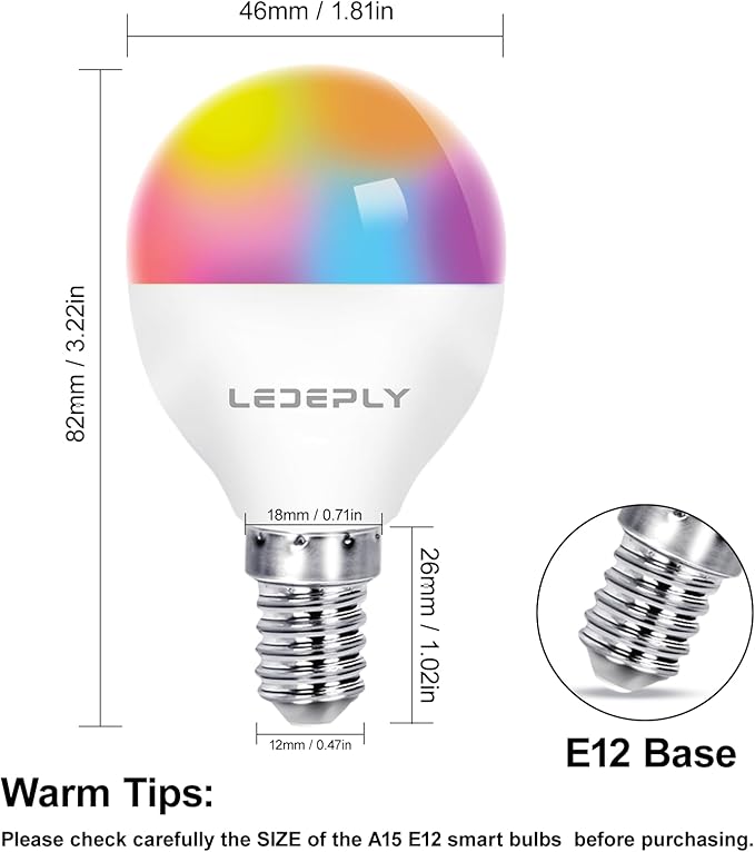 A15 LED Smart Bulb, 5W=40W,Compatible with Alexa, Google Assistant, E12 Base, Dimmable, 2.4G WiFi ONLY, RGB Color Changing, Tunable White 2700K-6500K, Globe Shape, G45 Ceiling Fan Light Bulbs 4 Pack