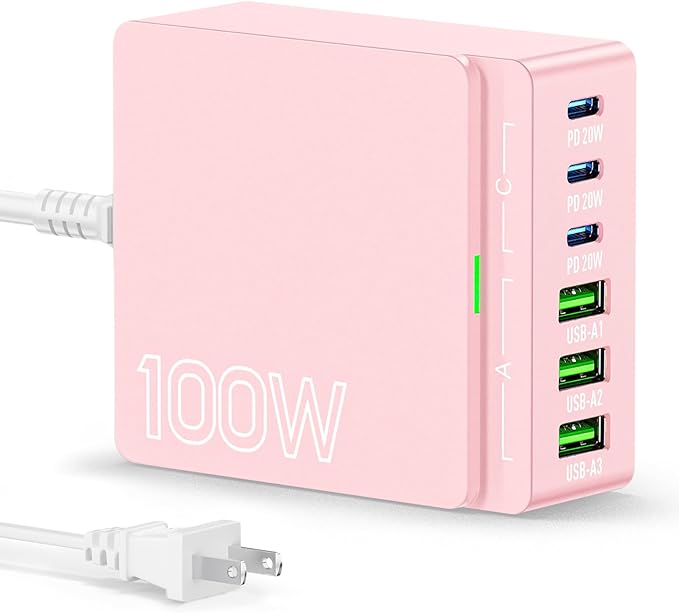 USB C Charger Block Charging Station: 100W 6 Port GaN Fast Charging Brick Hub Cube Box - PD 3.0 Type C & USB A Wall Charger Power Adapter for All iPhone 17 iPad Samsung Android Pixel Series