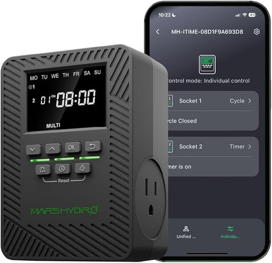 2025 MARS Hydro ITime 2-in-1 Smart Timer Outlet Dual Outlet App Control Custom Programmable 12 On/Off Heavy Duty Plug-in Outlet Timer with Countdown Setting