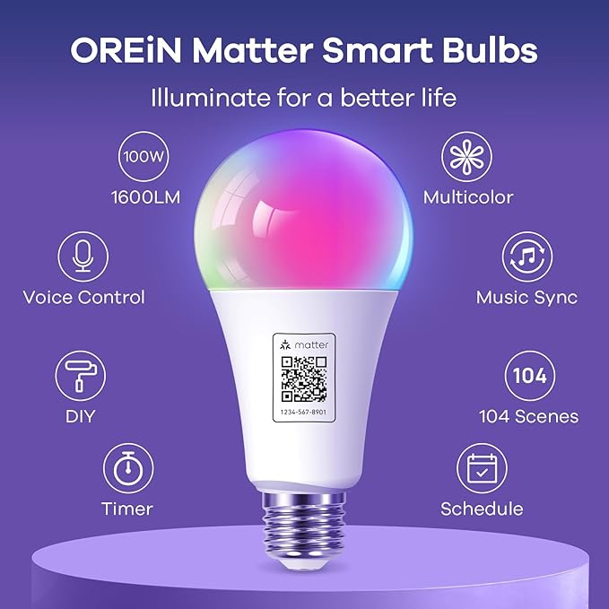 OREiN Matter Smart Light Bulb, 1600 Lumens 100W Equivalent Smart Light Bulbs, Color Changing Light Bulbs Work with Apple Home, Alexa, Google Home, SmartThings, A21 Smart Bulbs 2.4Ghz WiFi, 4Pack