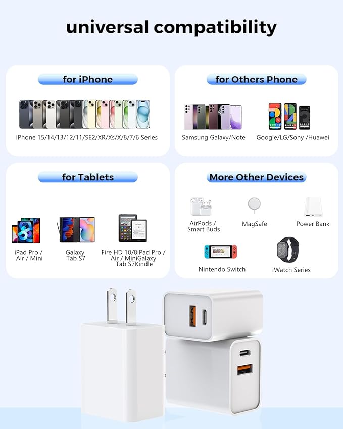 3 Pack iPhone 16 15 Pro Charger Block, 20W iPhone C Charger Dual Port QC+PD 3.0 Power Adapter USB C Wall Plug Box Fast Charging for iPhone 16/16 Pro/15/15 Pro/15 Plus/14/13/12/11 Pro/Pro Max/Plus/iPad