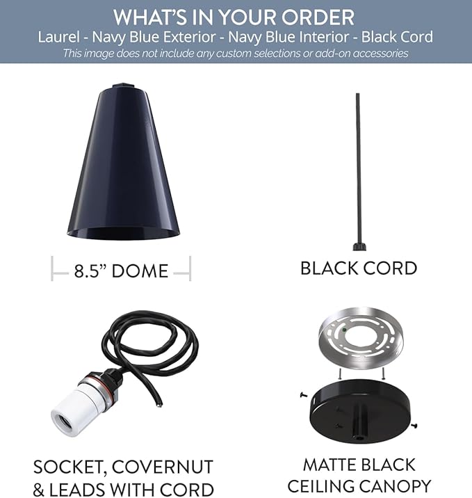 Steel Lighting Co. Laurel Pendant Light | Ceiling Mounted | 8.5 inch Cone Shade | Modern Contemporary Farmhouse Style Made in America | Black Cord | Navy Blue Exterior/Navy Blue Interior