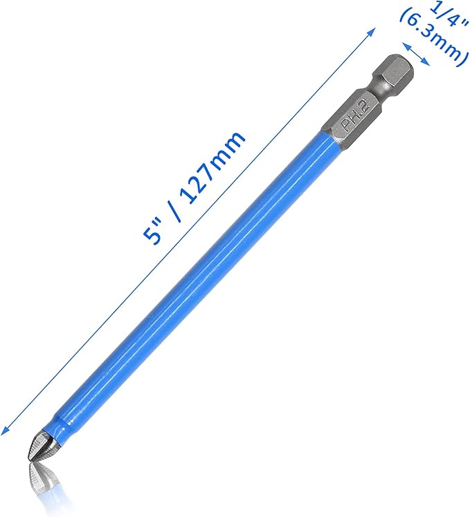 10 Pcs Magnetic Phillips Screwdriver Bit Set 5 inch Long, PH2 Phillips Bits Set, Non-Slip Cross Head Electric Screwdriver Bits Set 1/4" Hex Shank (PH2, 127mm)