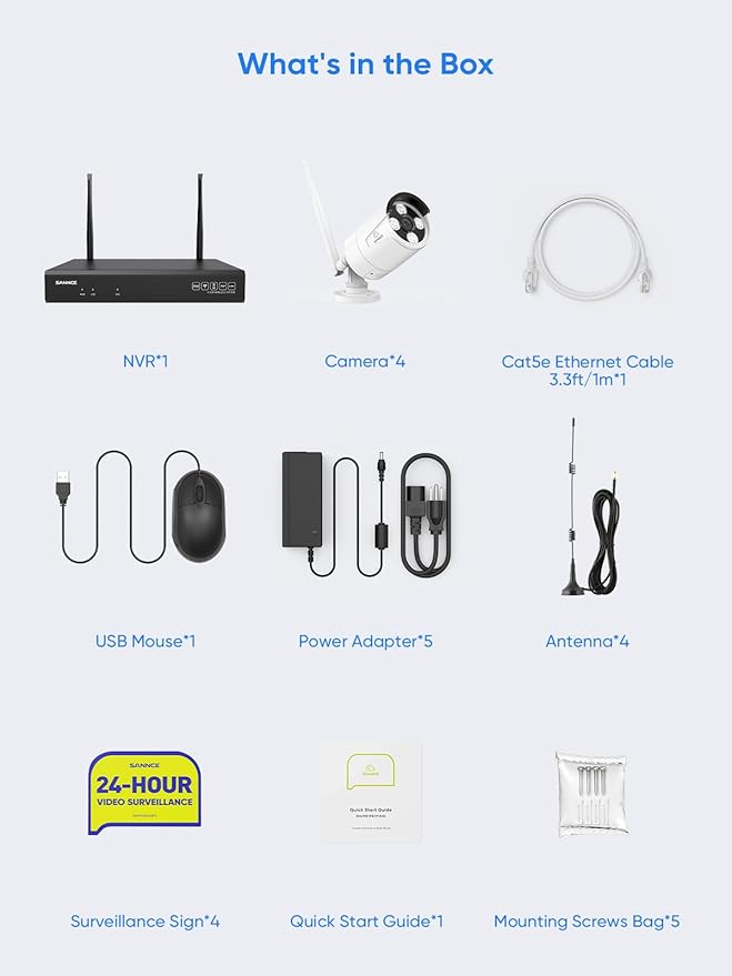 SANNCE 16CH 8MP NVR Wireless Security Camera System with 4 * 8MP Waterproof Surveillance IP Cameras,Dual-Band WiFi, H.264+ Video Coding, IP66 Outdoor Camera,Night Vision.