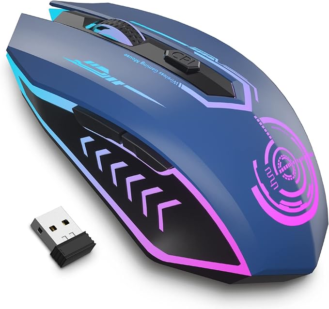 UHURU Gaming Mouse, Wireless Gaming Mouse with 6 Buttons 7 Changeable LED Color up to 10000 DPI, Rechargeable USB Gamer Mouse for PC Laptop (Blue)