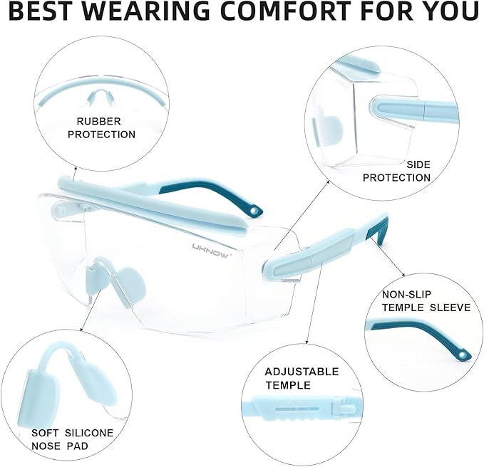 UKNOW Safety Goggles Over Glasses, Safety Glasses Anti Fog Wraparound Eye Protection, Protective Eyewear ANSI Z87.1