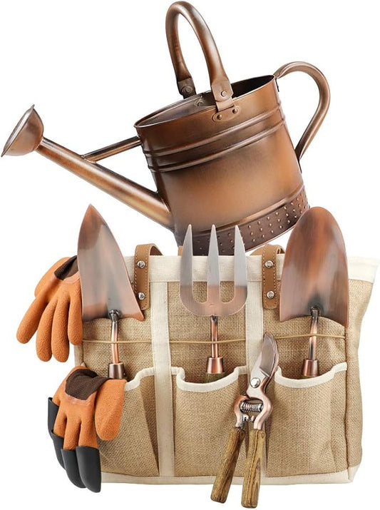 1 Gallon Galvanized Steel Watering Can with 3 Pcs of Garden Tools, 1 Pc of Pruning Shear, 1 Pair of Gardening Gloves,1 Pc of Garden Tools Organizer Tote