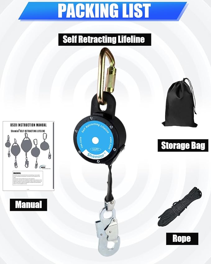 11FT Shemior Web Self Retracting Lifeline, No Tangle Lightweight Housing SRL, Self Retractable Safety Lanyard, Fall Arrest Protection PPE Gear for Roofing Construction, OSHA/ANSI Compliant