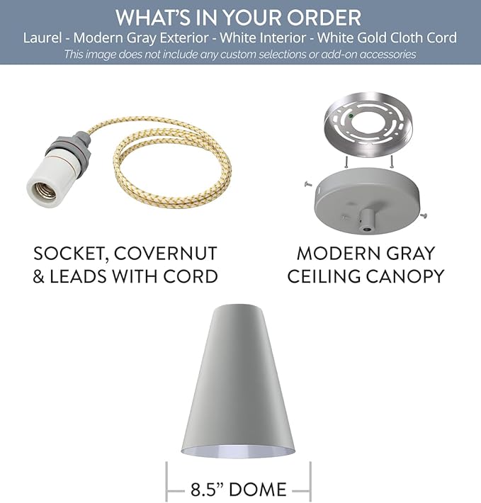 Steel Lighting Co. Laurel Pendant Light | Ceiling Mounted | 8.5 inch Cone Shade | Modern Contemporary Farmhouse Style Made in America | White Gold Cloth Cord | Modern Gray Exterior/White Interior