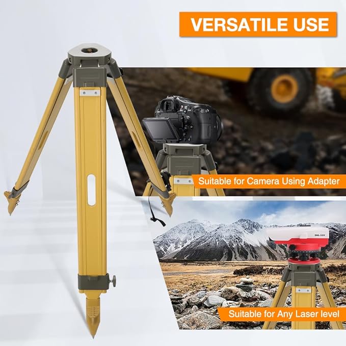 Fiberglass Surveying Tripod, Heavy Duty Yellow Fiberglass and Wood Tripod with Twist Clamp and Copper Center Screw for Robotic Total Stations and Theodolite (Flat Head-C)