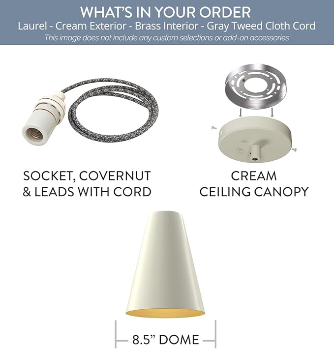 Steel Lighting Co. Laurel Pendant Light | Ceiling Mounted | 8.5 inch Cone Shade | Modern Contemporary Farmhouse Style Made in America | Gray Tweed Cloth Cord | Cream Exterior/Brass Interior