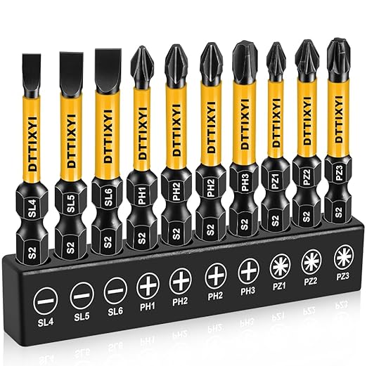 DTTIXYI 10 PCS Magnetic Screwdriver Bits Set 2 IN - Phillips Bits #1#2#3 & Slotted Head & Pozidriv Bit for Impact Driver, S2 Steel 1/4" Hex Shank for Power Drill - Professional and DIY
