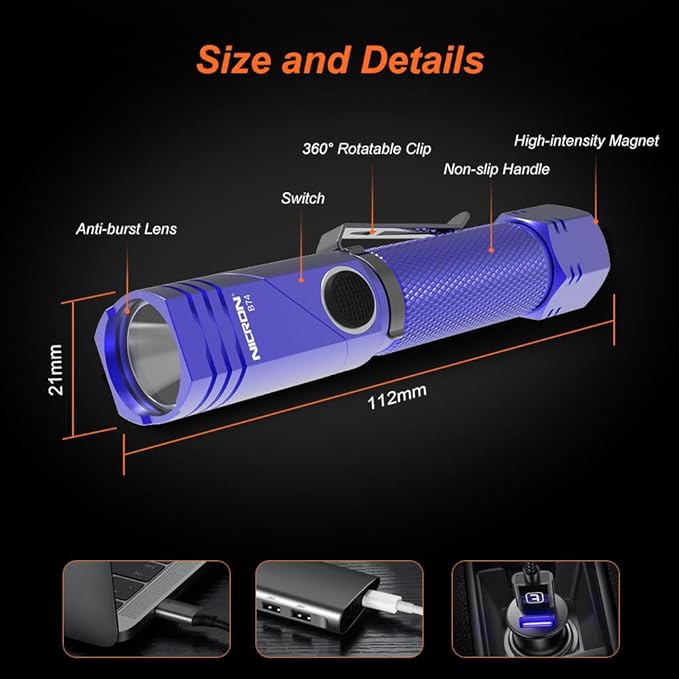 NICRON Flashlight, 700 Lumens 90 Degree Pocket Flashlight Rechargeable IP65 Waterproof 6 Modes for Camping, Outdoor, Hiking, Car Repairing, Blue